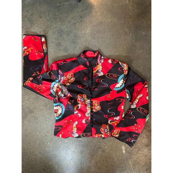 JS Collections Jackets & Blazers - JS Collections Silk Jacket Floral Asian Print Mandarin Collar Red Black